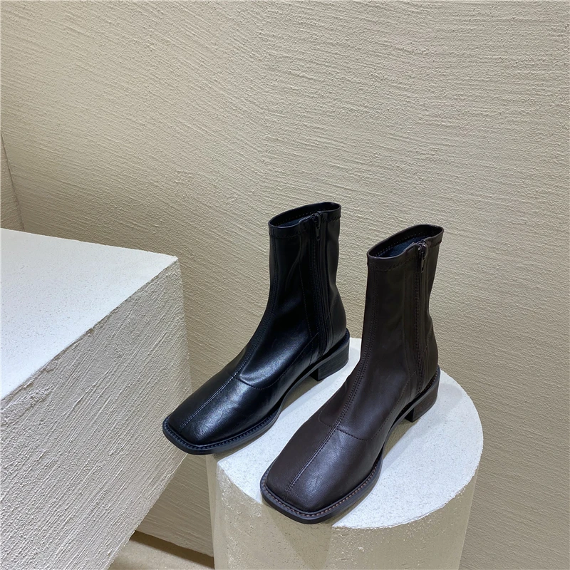 Fashion Women's PU Leather Ankle Boots Square Toe Low Heels Knight Shoes Black Apricot Coffee J72