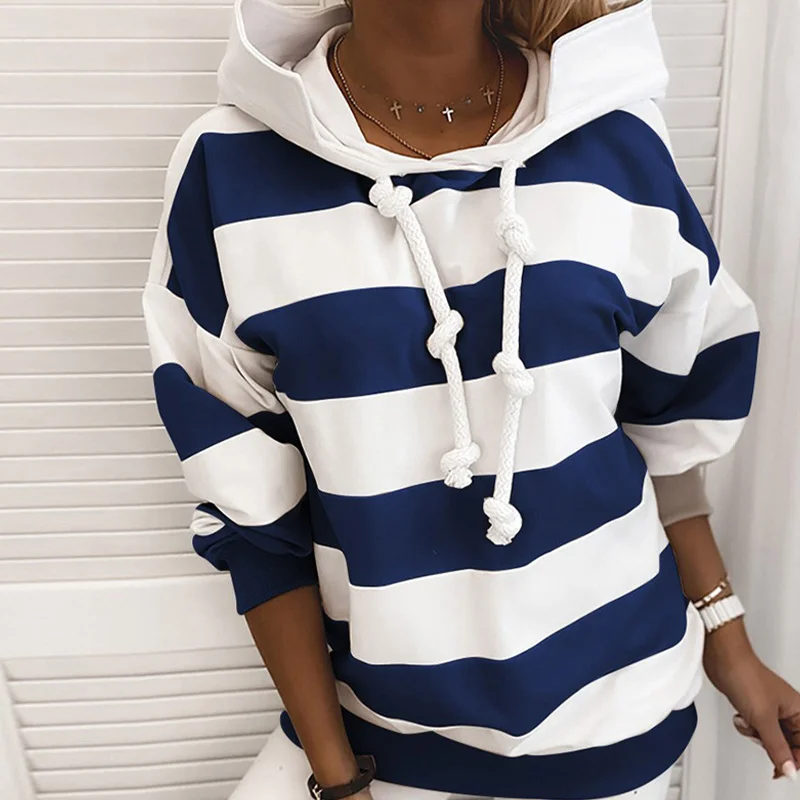 Diiwii Woman  Striped Hooded Drawstring Hoodies