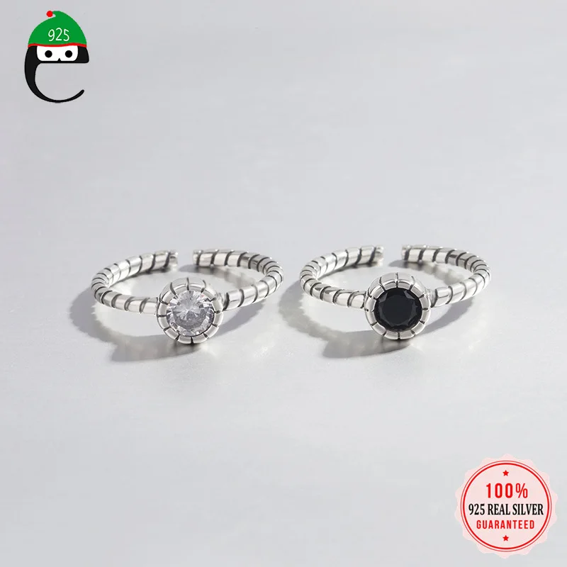 

100% 925 Sterling Silver Ring Black/White CZ Stone Open Size RingFemale Vintage Style Twist Personality Jewerly DS1978
