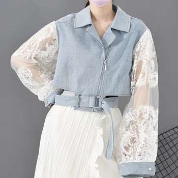 

Loose Fit Lace Stitch Denim Bandage Short Jacket New Lapel Long Sleeve Women Coat Fashion Tide Spring 2020