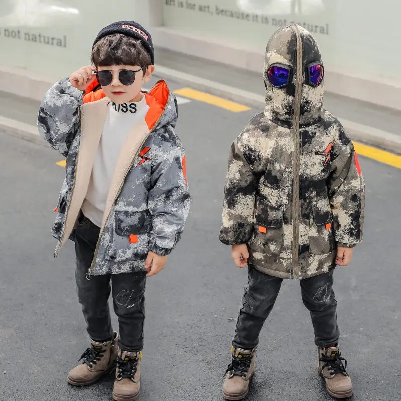 

Kids Boy Winter Jacket with Glasses Baby Warm Camouflage Jacket Coat Hood Parkas with Glasses Brand New Children Jacket Teenager