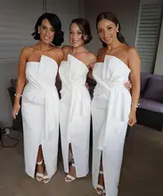 White Ruffles Strapless Mermaid Front Split Bridesmaid Dresses For Weddings Ankle Length Satin Formal Maid of Honor Gowns