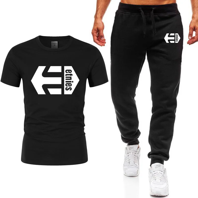

Etnies printed T Shirt Men's Sets T Shirts+pants Two Pieces Sets Casual Tracksuit Male 2019 Casual Tshirt Gyms Fitness trousers
