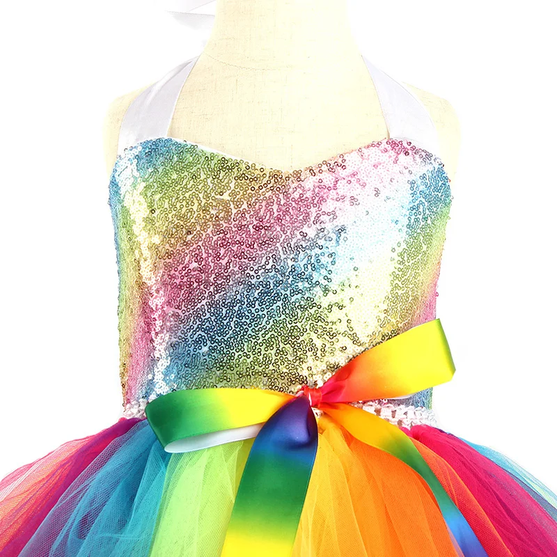 Rainbow Sequins Girl Princess Tutu Dress Kids Wedding Birthday Party Pageant Tulle Dresses Vestidos Children Bow Clothing (15)