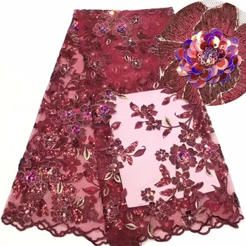 

wine red African tulle mesh lace soft French lace fabric with 3D sequins embroidery high quality for party dress 7colors FZZ467