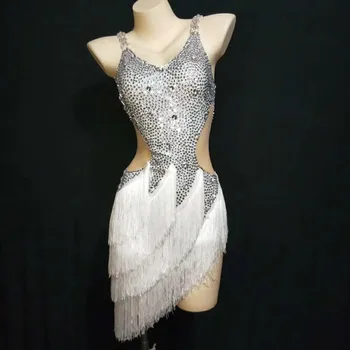 

Sparkly Silver Rhinestones Women Latin Dance Dress Tassel Skirt Salsa Samba Rumba Ladies Fringe Latin Dancing Costume Stage Wear