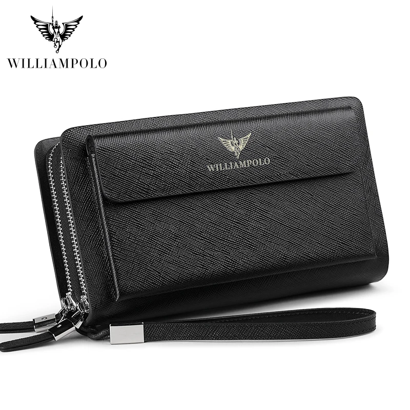 

2019 New WILLIAMPOLO Genuine Leather Long Wallet Men Clutch Bag Strap Flap Clutches with 21 Card Holder Handy Wallet For Male