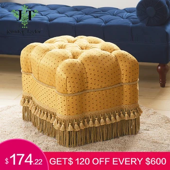 

Jennifer Taylor Nancy Traditional Fringed Ottoman Vanity Stool Accent Furniture Cube Tassel Stool Cushion
