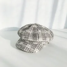 Зимний берет, шапка s, женская,, модные зимние шляпы для женщин, винтажные клетчатые плоские шапки, из чеченой шерсти, теплая восьмиугольная шапка, шапка