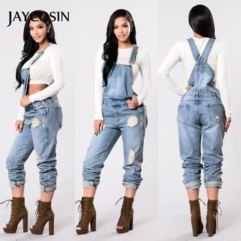 

JAYCOSIN Mom Jeans Hole Denim Bib Slim Pants Overalls Straps Female Elastic Trousers Jumpsuit Blue Pocket Ripped Cowboy 2020 New