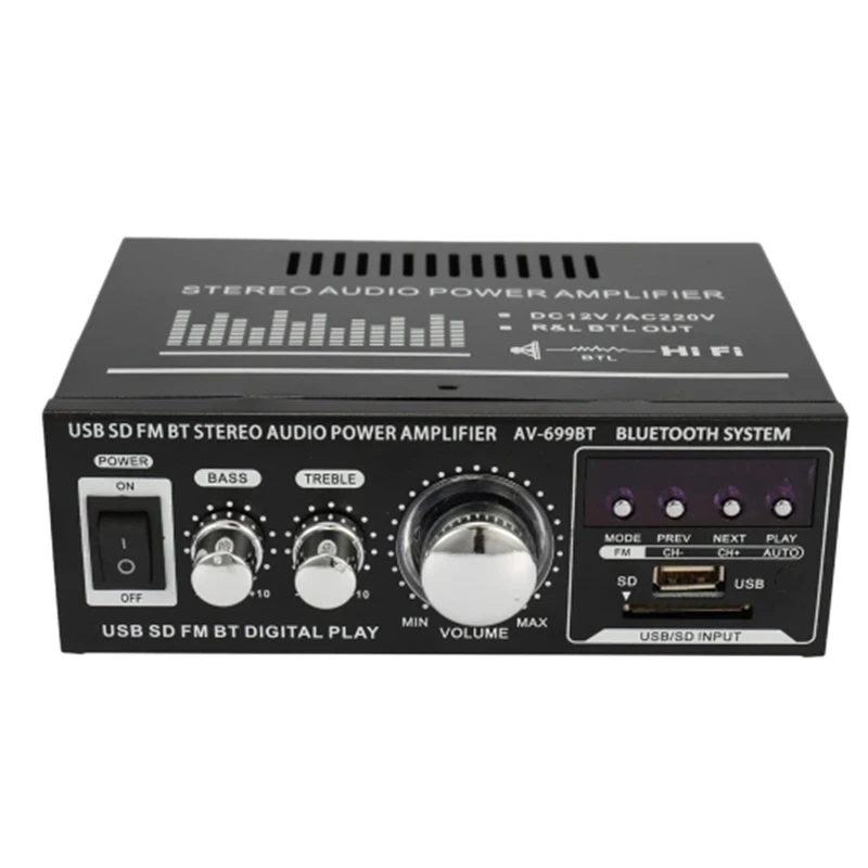 

AC 220V / DC12V HIFI Audio Stereo Power Amplifier for Car and Home 2CH LCD Display / BT / FM Radio / 400W Power / Remote Control