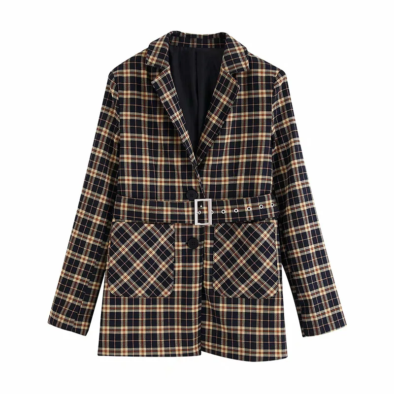Plaid Винтажный женский клетчатый пиджак с поясом и карманами, однобортное пальто для девушек желтого цвета, модный шикарный женский пиджак, Chaqueta Mujer - Цвет: Plaid