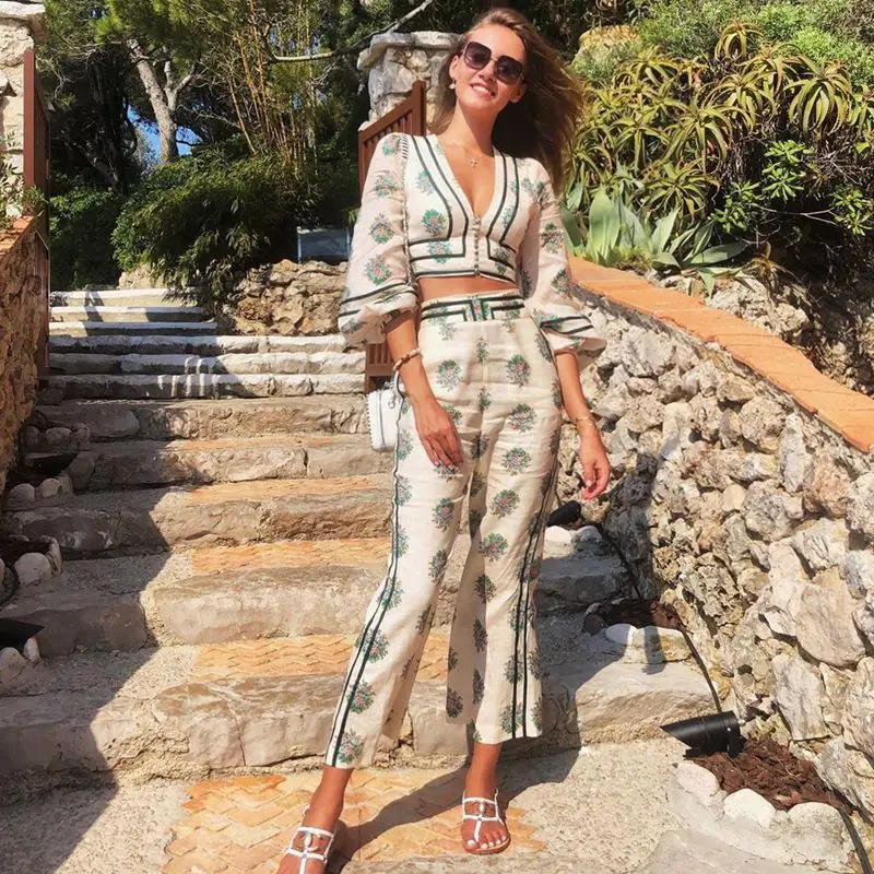 

Runway Women Set 2019 High Quality Vintage Print Linen Blouses Pants