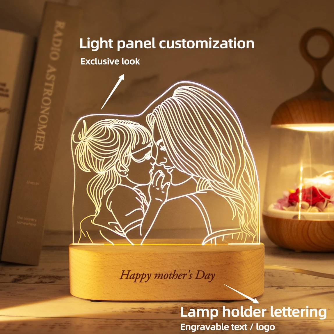 Dropshipping  Personalized Acrylic Lamp Customized Photo Text Night Light  USB Wooden Base Wedding Mother's Day Party  Gift 5