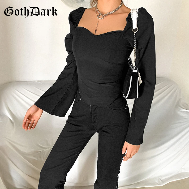Goth Dark Gothic Patchwork Black Long Sleeve T-shirts Punk Style Square Neck Bodycon Women Autumn Crop Tops Fashion Streetwear