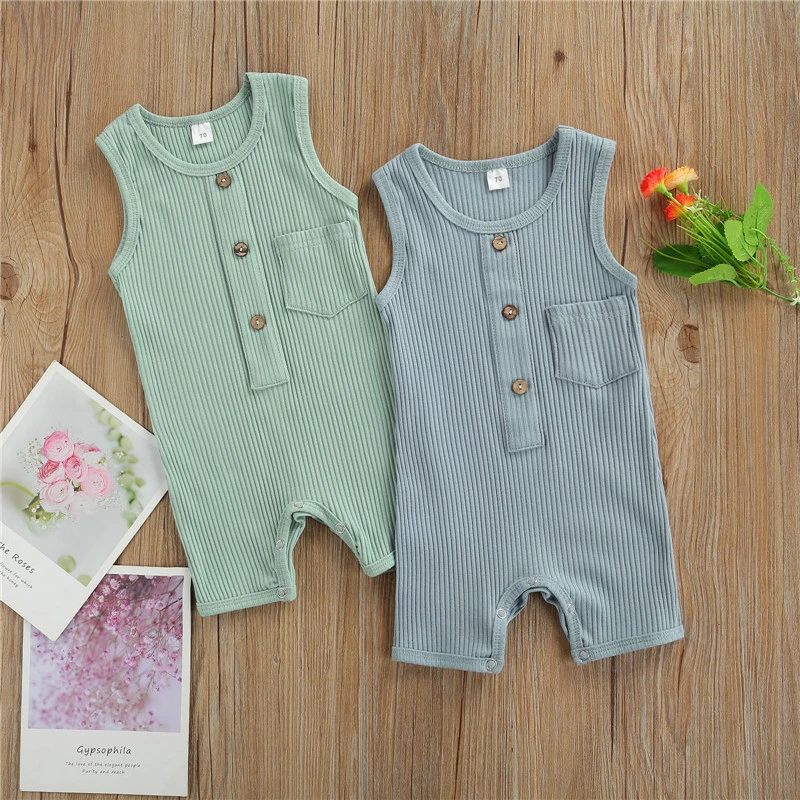 Cute Infant Baby Girls Romper Newborn Baby Girls Boys Summer Clothes Toddler Kids Infant Boys Sleeveless Button Knitted Romper Jumpsuits Overalls Soft Outfits Bamboo fiber children's clothes