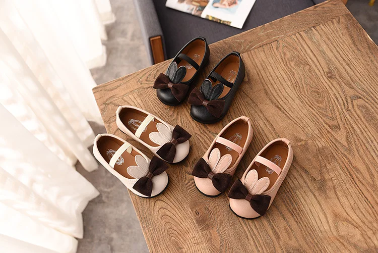 Spring Summer Cute Girls Shoes Sweet Soft Leather With Bow-knot Rabbit Ears Kids Shoes Elastic Band Children Shoes Drop Shipping