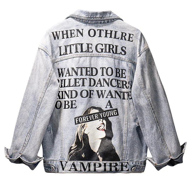 Женская джинсовая куртка большого размера плюс Корейская Свободная с мультяшным