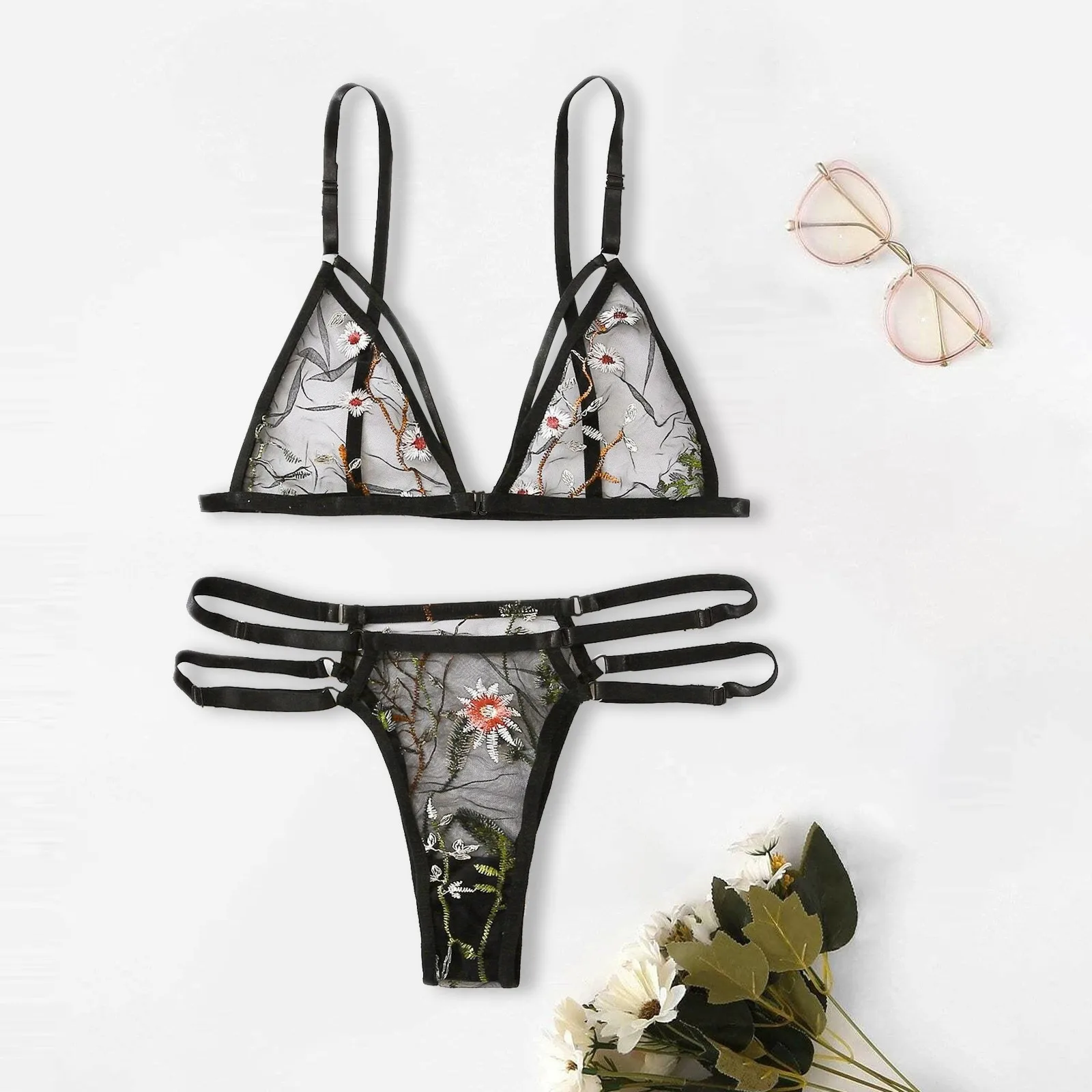 Lingerie sensuelle pour femmes, sous-vêtements porno, soutien-gorge sexuel, ensembles exotiques, Sexy, dentelle transparente, broderie florale, Costumes érotiques