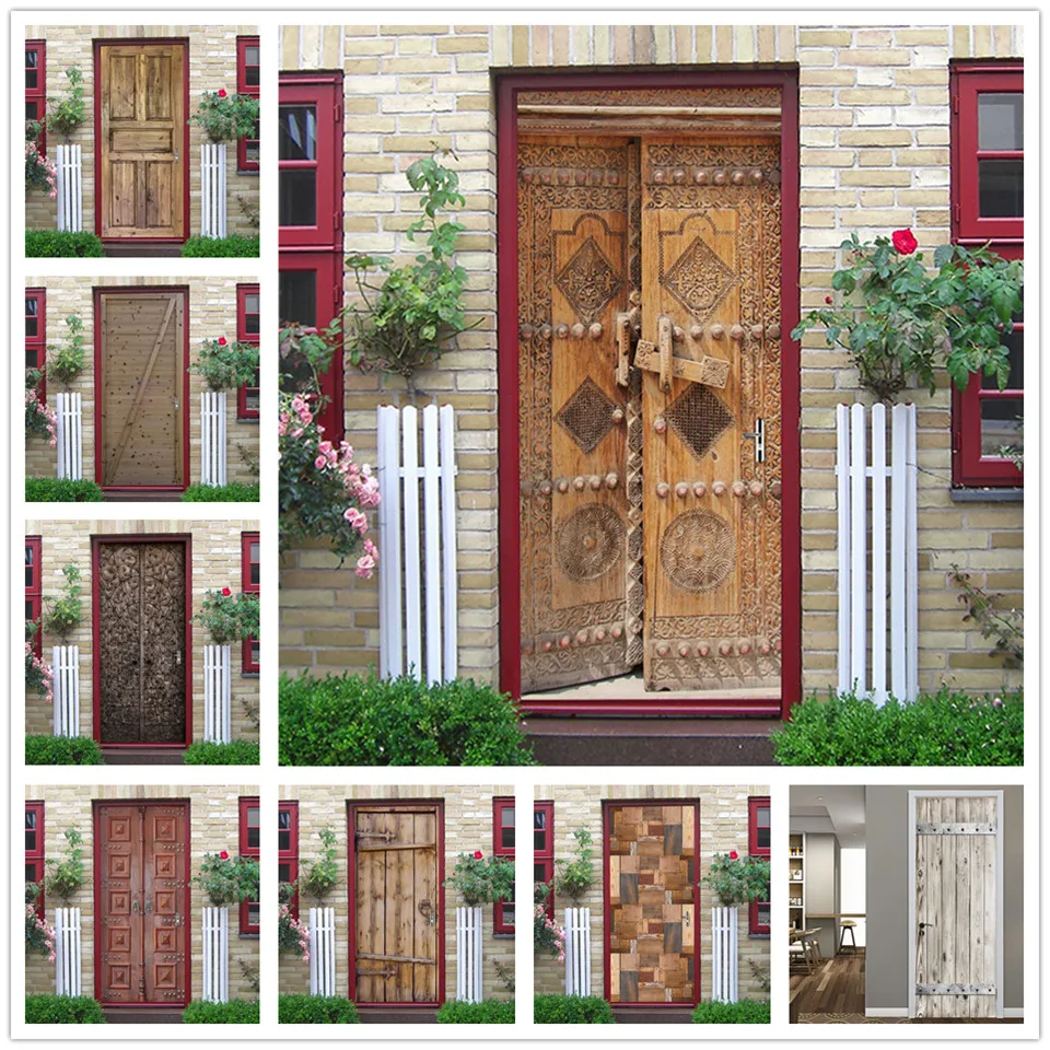 2pcs/set Retro Wooden Door Sticker Vinyl Peel and Stick Wallpaper Waterproof Removable stickers porte Home Design adesivo porta | Дом и сад