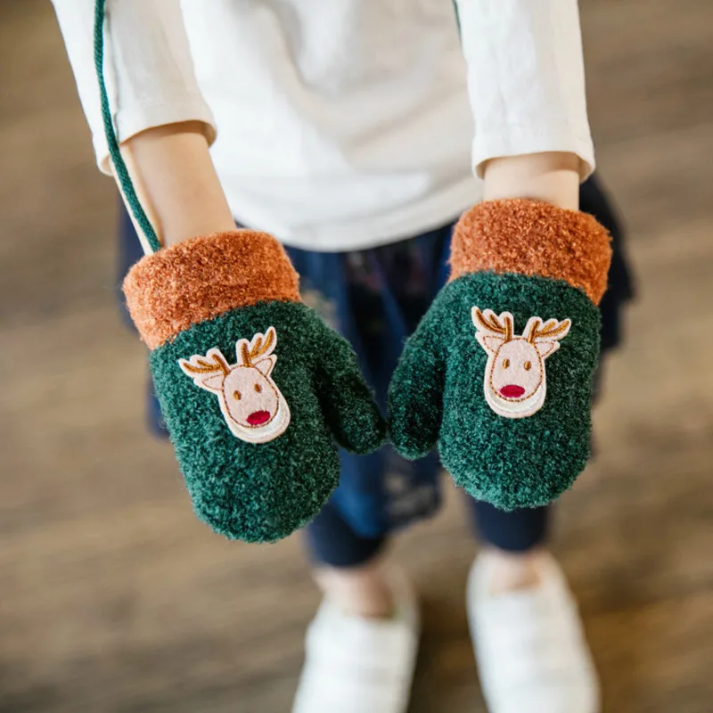 Милые детские варежки с оленем; новые модные зимние флисовые перчатки для детей; зимние теплые разноцветные варежки в стиле пэчворк; плотные перчатки; шапка - Цвет: green