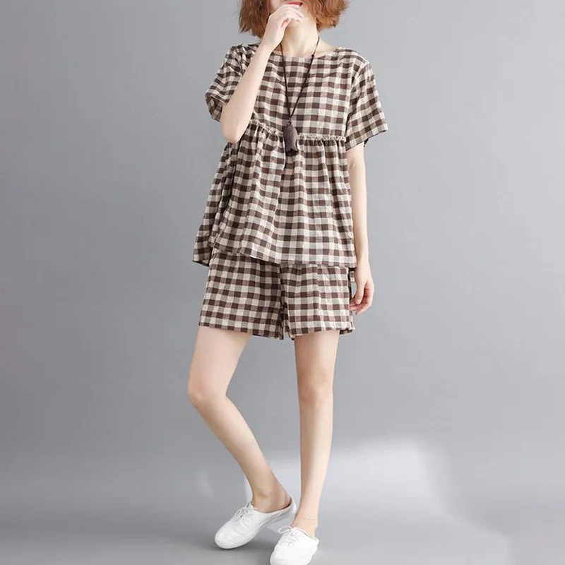 Women's Casual Outfit Ladies Loose Grid 2pcs Set Short Sleeve Round Neck Tops+Wide Leg Shorts Plaid 100% Brand New |