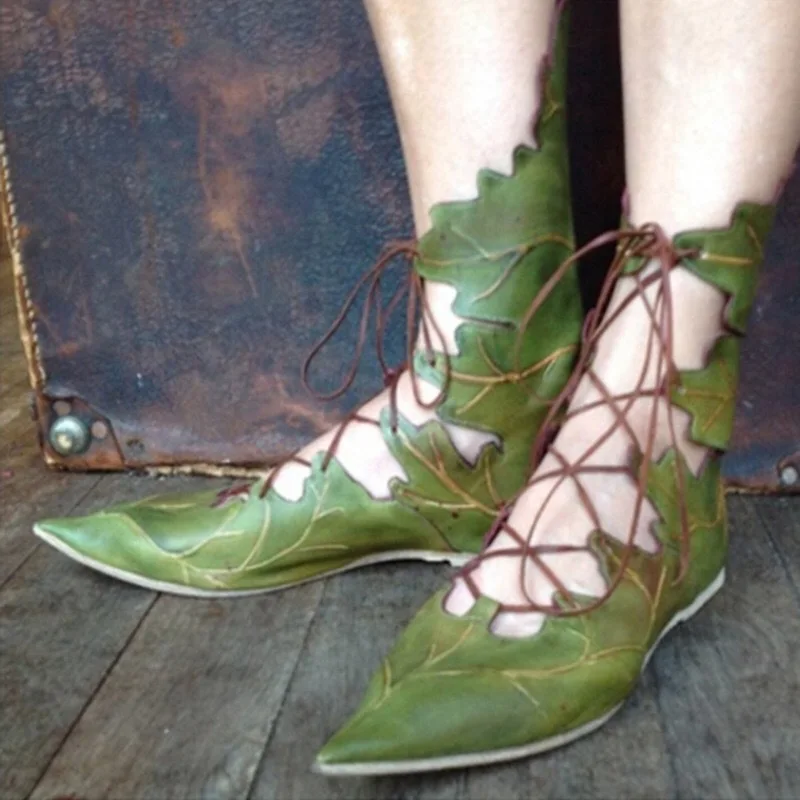 Г., популярные женские повседневные туфли-гладиаторы на плоской подошве с ремешком дизайн в виде листьев, с острым носком, зеленый, красный цвет, лента, кружевное платье