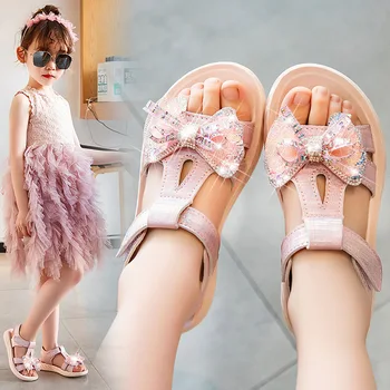 

2020 Summer Children Sandals for Girls Fashion Hollow Single Bow Princess Shoes Rhinestone Fairy Soft Comfortable Kids Sandals