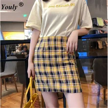 

2021 Casual Streetwear Fashion Sexy Autumn Winter Yellow High Waist Plaid Skirt Womens Straight Skirts Bodycon Mini Short Skirt