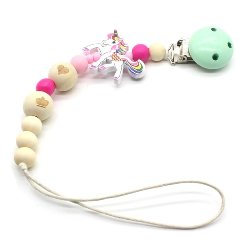 

Baby Pacifier Clip Chain Wooden Beads Dummy Clip Chupetas Soother Chewable Pacifier Clips Unicorn Beads Holder Anti-Drop Rope