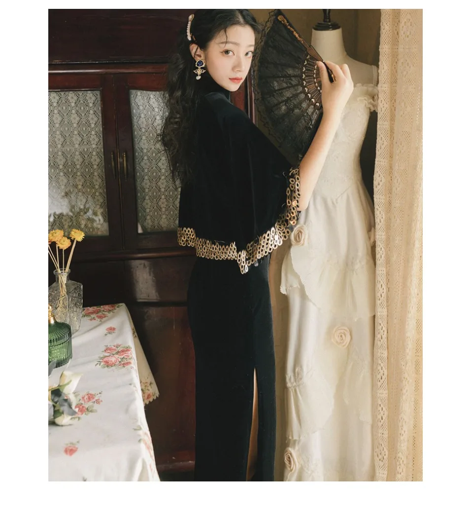 Осенний cheongsam костюм из двух частей китайское банкетное Платье женское длинное элегантное платье+ накидка пальто осенние и зимние винтажные комплекты