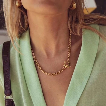 

Cool Gold Chain Necklace Toggle Clasp Simple Design Chain No Zircon Stone Punk Cool Men Women Wedding Party Gift Jewelry