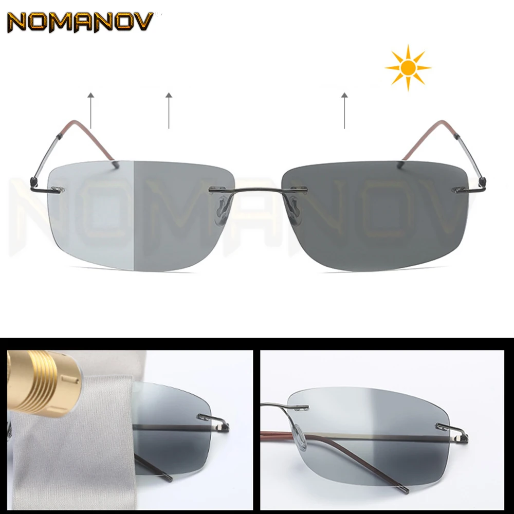 

2020 Summer Style Rimless Photochromic Grey Polarized Lens Sunglasses Men Women Day and Night Polarized Sun Glasses Driving