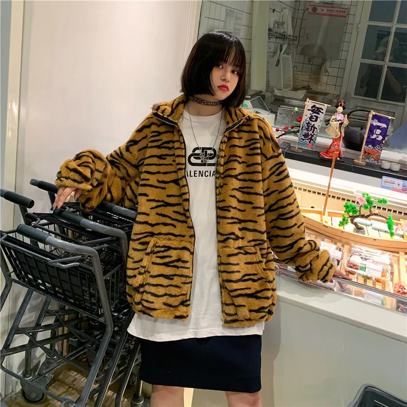 discount  Focal20 Streetwear Zebra Tiger Pattern Women Zipper Jacket Retro Winter Warm Women Coats Fashion Pl