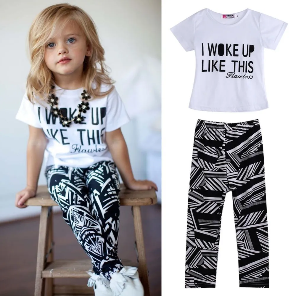 Комплект одежды в полоску для маленьких девочек: рубашка и штаны с надписью «I Woke Up Like This», комплекты одежды для девочек Детский костюм хорошего качества