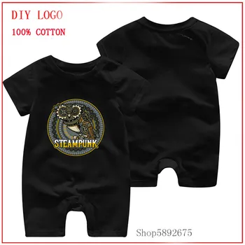 

Steampunk metal owl with large eyes on a background of mechanical gears cogs and pipes printed romper Baby Clothing Jumpsuit