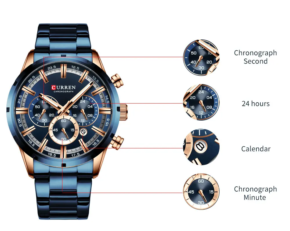 CURREN новые модные мужские часы с нержавеющей сталью Топ бренд класса люкс Спортивный Хронограф Кварцевые часы для мужчин Relogio Masculino