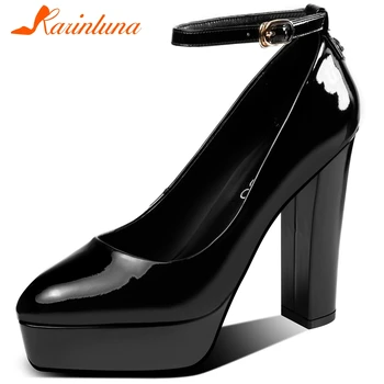 

Karinluna 2020 New Design Genuine Cow Leather Square High Heels Shoes Women Pumps Platform Buckle Strap Lady Pumps Woman Shoes