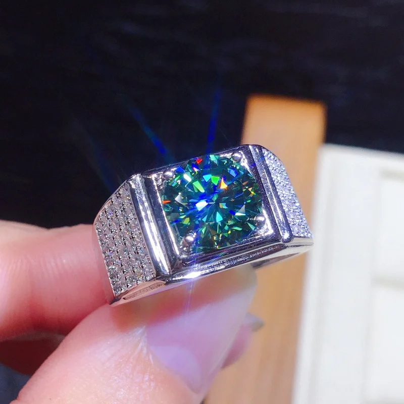 Male 3ct Lab Green Moissanite Ring 925 sterling silver Wedding band Rings for Men silver ring silver rings wedding rings moissanite ring