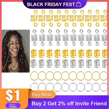 

60pcs New Metal African Hair Rings Beads Cuffs Tubes Charms Dreadlock Dread Hair Braids Jewelry Decoration Accessories Gold