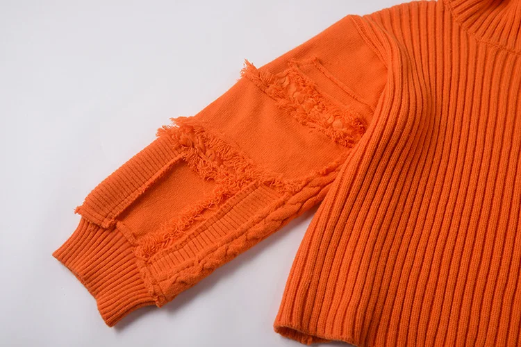 autumn winter woman Loose high collar pullover lazy bright orange hole wearing sweater female knitted sweaters tops