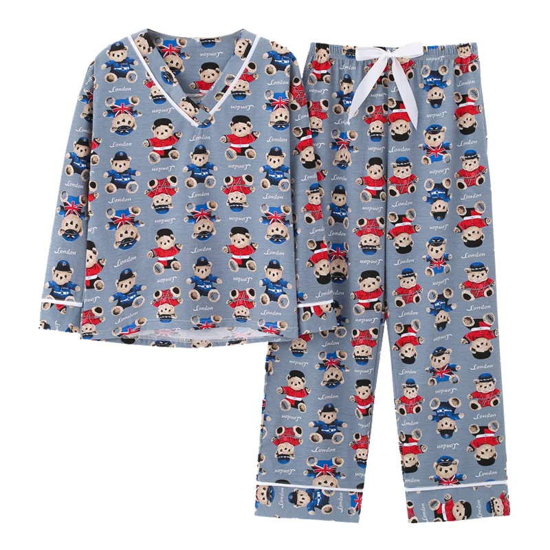 

Pajamas for Women Pjs Pajamas Set New Casual Style Chinese Pajamas Cute Bear Printing V Neck Homesuit Homeclothes Sleepwear Bow