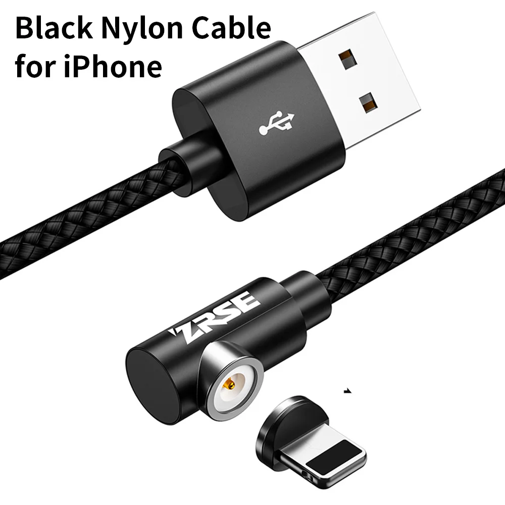 Black for iPhone ZRSE 90 градусов магнитное зарядное устройство Micro usb type C кабель для samsung iPhone XS Max Android мобильный телефон провод для быстрого заряда шнур 2 м - Цвет: Black for iPhone