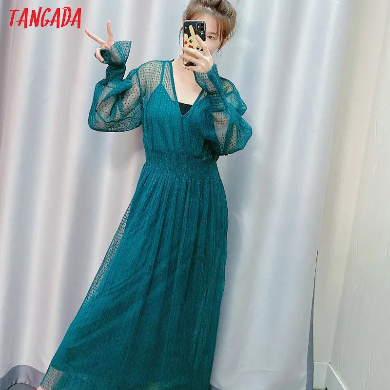 Tangada, модное женское Сетчатое платье в горошек, сексуальное, глубокий v-образный вырез, длинный рукав, винтажное женское платье миди, Vestidos CE208