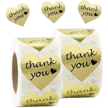 

Thank You Stickers Gold Foil Labels Roll, 1 Inch Heart Shape Decorative Stickers for Thank You Cards, Packages, Gifts, Wedding,