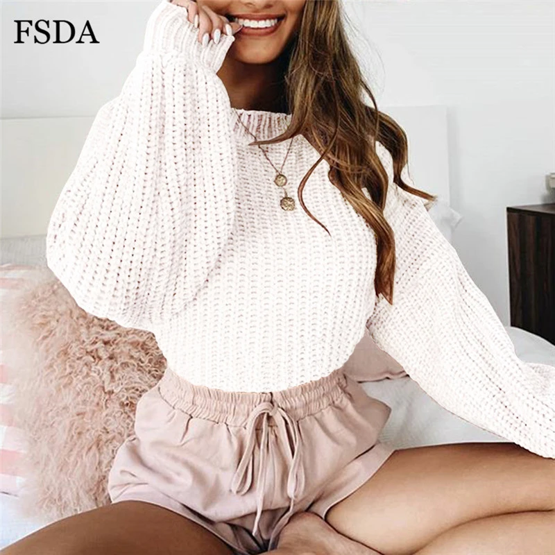 FSDA розовый свободный короткий свитер черный белый длинный фонарь с рукавом О-образным вырезом повседневные милые офисные пуловеры для