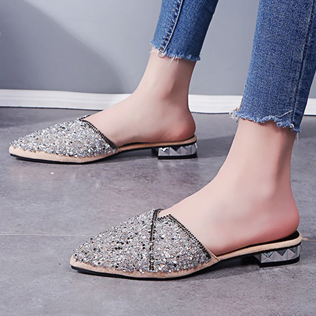 

Summer Slippers Pointed Mules Shoes Women Bling Flip Flops Casual Square Heel Slipper Ladies Shoes low Heel Sandals Black