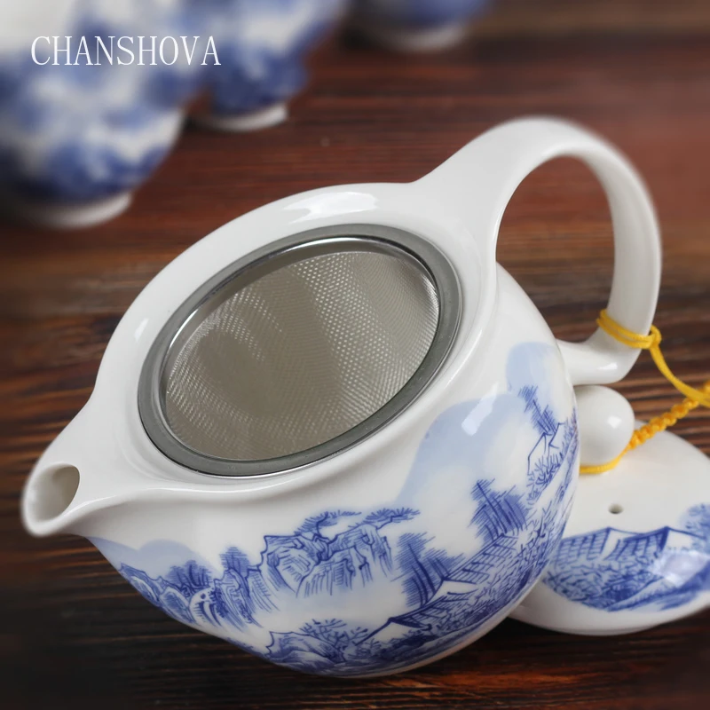CHANSHOVA, традиционный китайский кунг-фу, ручной работы, голубой и белый фарфоровый чайник, 350 мл, с ситечком для чая, керамический чайник, набор