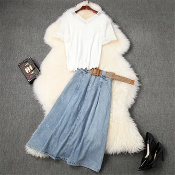 

High Street Fashion Women 2 Piece Summer Sets Matching Set 2020 New Designers Hollow Knitted Top and Denim Skirt Suit Outfits