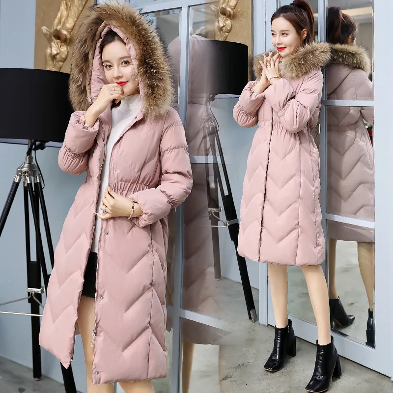 

2018 Winter Mid-length Thick Long Sleeve Zipper Hooded Sweet Solid Color Cotton-padded Clothes/Cotton Coat Korean-style Slim Fit